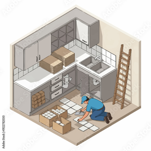 Man installing tiles on kitchen floor during renovation.