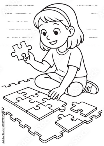 coloring book  girl assembling a jigsaw puzzle on a floor mat