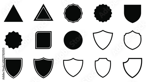 Set of black shapes triangle circle shield starburst square badge symbols