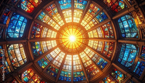 Radiant Stained Glass Ceiling – Circular Mosaic with Multicolor Light, Cathedral Interior Architecture Photography