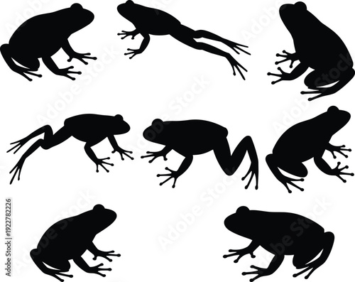 Collection of frog silhouettes in different poses isolated on white background, black amphibian shapes set, jumping and sitting frog vector illustration for wildlife design
