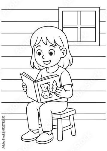 coloring book  girl reading a picture book while seated on a stool