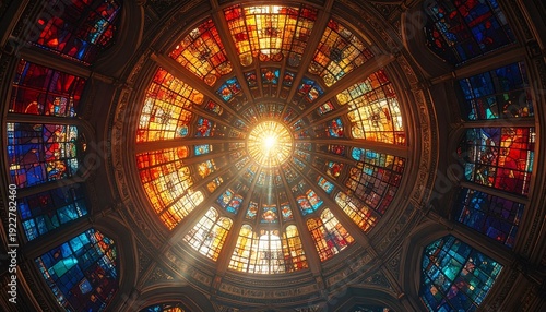 Radiant Stained Glass Ceiling – Circular Mosaic with Multicolor Light, Cathedral Interior Architecture Photography