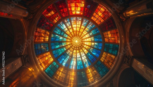 Radiant Stained Glass Ceiling – Circular Mosaic with Multicolor Light, Cathedral Interior Architecture Photography