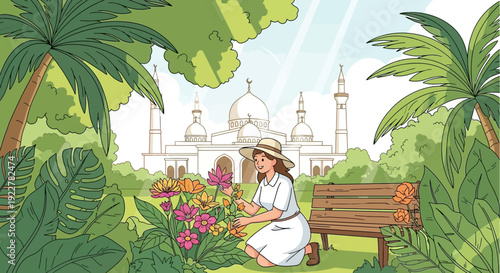 Woman tending to vibrant flowers in a lush garden setting.