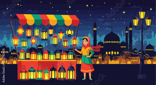 Woman selling traditional lanterns at a vibrant night market stall.