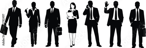 Black silhouette collection of professional business men and women in suits standing with briefcases and talking on phones isolated on white background for corporate design