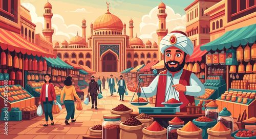 Bearded merchant in turban selling spices at a vibrant market stall.