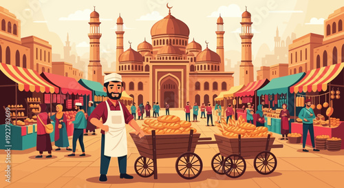 Bearded vendor in apron with two carts of produce at a bustling market.