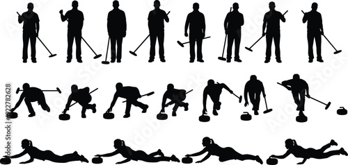 Black vector silhouettes set of curling athletes delivering stones and sweeping ice with brooms isolated on white for winter sports and competition design projects
