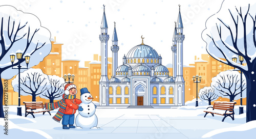 Child and snowman in a winter park scene.