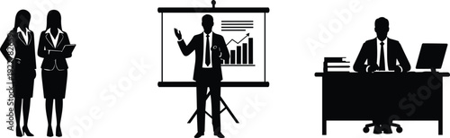 Professional business people silhouettes set featuring managers presenting data charts working at desk and corporate women in suits for office and financial marketing projects