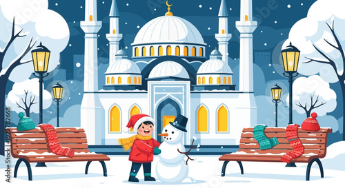 Child building a snowman in a winter park scene.