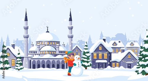 Child building a snowman in a winter wonderland.