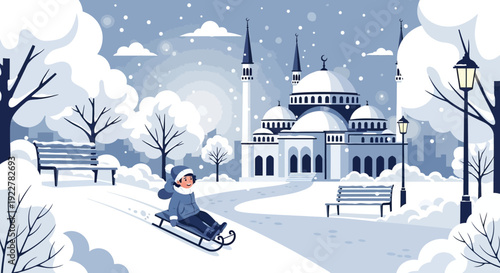 Child enjoying winter sledding in a snowy park landscape.