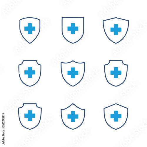 Nine shield icons with blue plus signs inside, symbolizing healthcare, protection, and medical security
