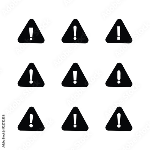 Nine warning triangle icons with exclamation marks for alerts and danger signs in a grid layout