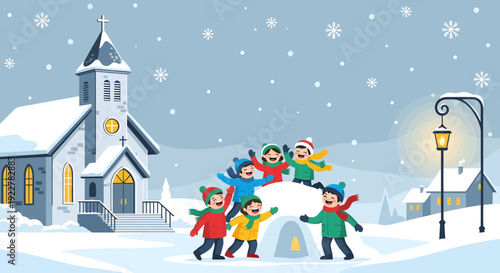 Children playing in the snow during winter.