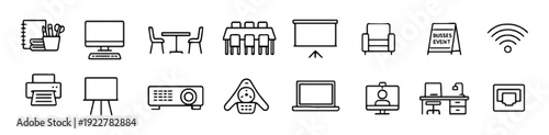 Office and business meeting room equipment icons