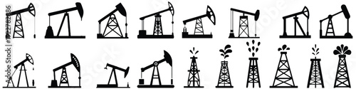 Oil pump jacks and drilling rigs used for petroleum extraction in industrial oil production