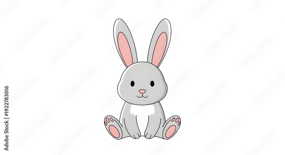 Fototapeta premium Charming cartoon grey rabbit with pink ears, a lovable and fluffy bunny character illustration, ideal for kids' content and delightful spring designs