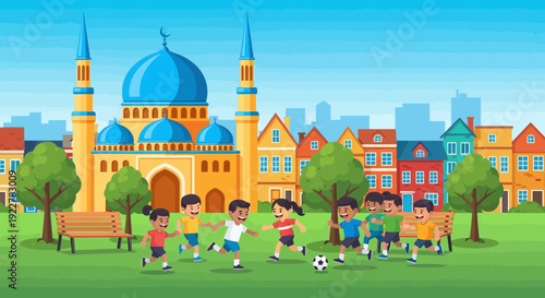 Diverse group of children playing soccer outdoors with enthusiasm.