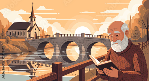 Elderly Man Engaged in Reading a Book with Serene Expression.