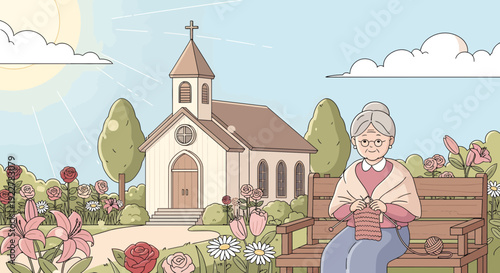 Elderly woman knitting on a bench in a serene garden setting.