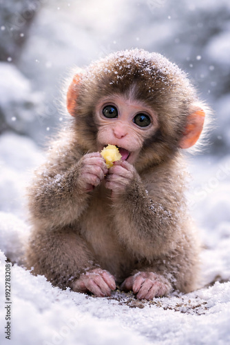 Adorable Baby Japanese Macaque Monkey Eating in Snowy Winter Scene