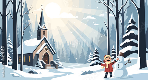 Joyful child building a snowman in a winter wonderland.