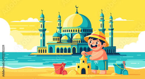 Happy child building sandcastle on beach.