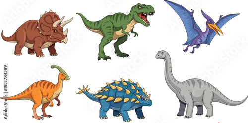 iColorful Dinosaur Collection Set Including T Rex Triceratops Stegosaurus Brachiosaurus and Pterodactyl Prehistoric Vector Illustration Bundle