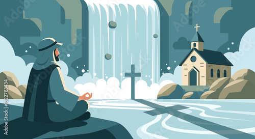 Man meditating in a serene landscape with a cross and church.