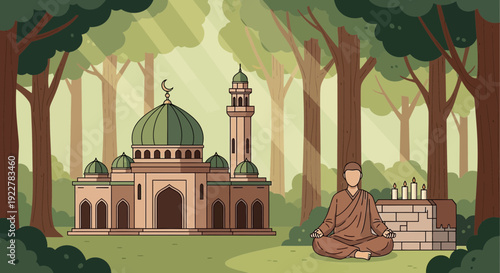 Man Meditating in Front of a Mosque in a Forest.