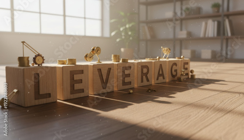 Wallpaper Mural Long Lumber Blocks Leverage with Small Gears and Coins in Warm Studio Torontodigital.ca