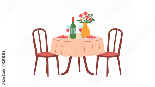 Romantic Restaurant Table Setting Vector Set – Wine, Flowers and Dinner Elements