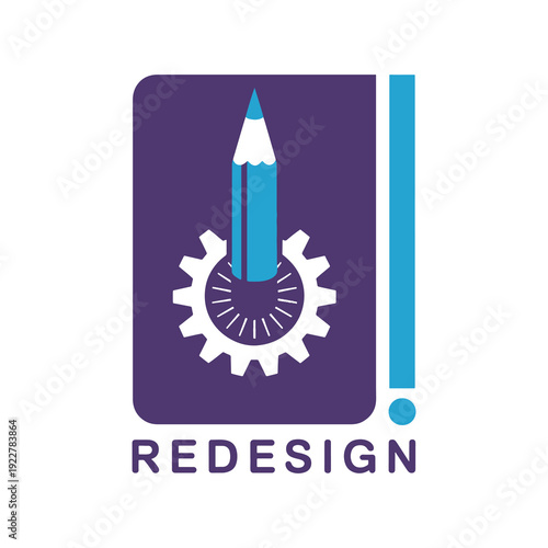 Creative redesign symbol featuring a pencil gear and notebook on purple background