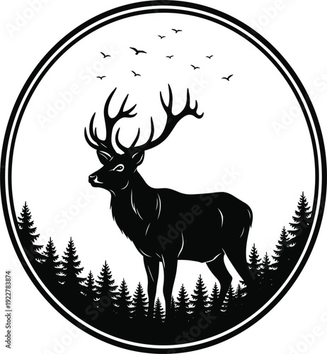 Stag deer silhouette in pine forest with birds for outdoor wilderness camping or hunting club logo design.