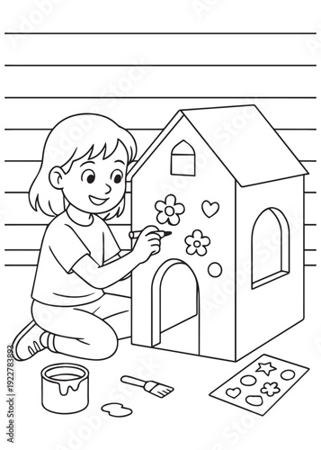 coloring book girl painting and decorating a dollhouse project