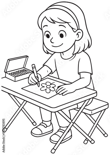coloring book girl drawing a flower at a small table with art set
