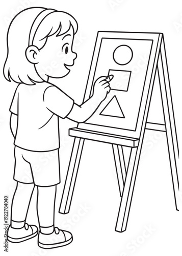 coloring book girl tracing shapes on an easel for learning play