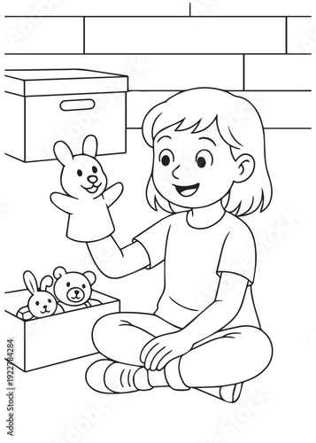 coloring book  girl playing with hand puppets from a toy box