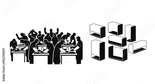 Busy office workers collaborating at desks with computers and a 3D representation of computer monitors on the right side