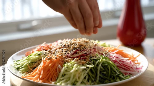 Hand Sprinkling Topping on Vibrant Julienne Vegetable Salad for a Fresh, Healthy Meal Preparation