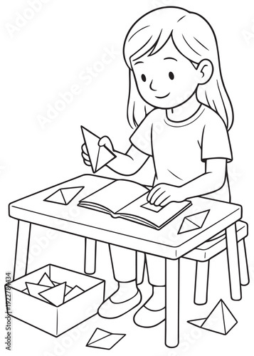 coloring book girl folding paper crafts at a work table