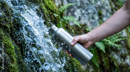 Hiker filling reusable bottle from fresh mountain stream in forest