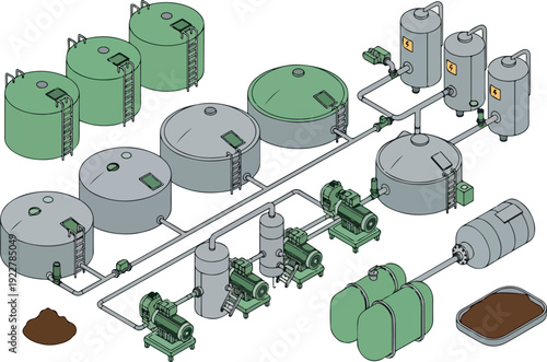 Industrial processing facility with tanks, pipes, and machinery in operation from an aerial viewpoint