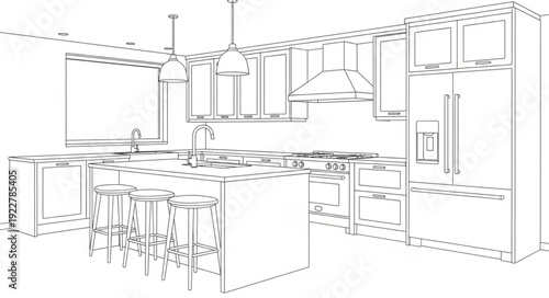Modern Kitchen Interior Design Sketch with Island and Stools.