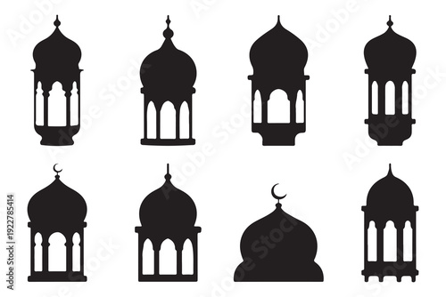 Ramadan lanterns vector set. traditional eid mubarak and islamic architecture simple silhouette bundle