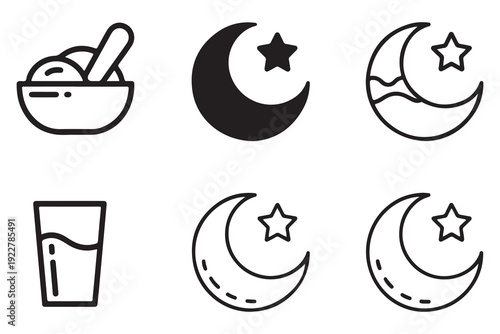 Ramadan suhoor iftar muslim islamic fasting food drink crescent moon star icon set vector illustration